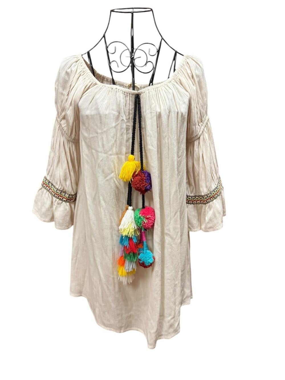 easel Cream Boho Tunic with Multicolor Tassels Medium